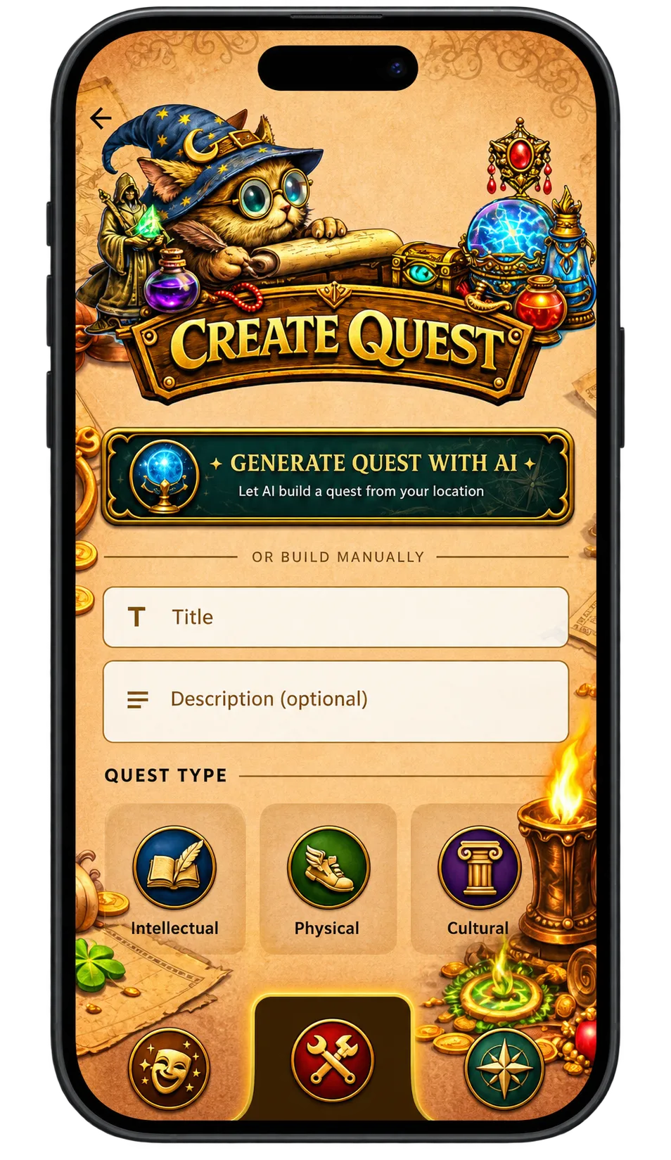 Create Quest screen with title, description and quest type