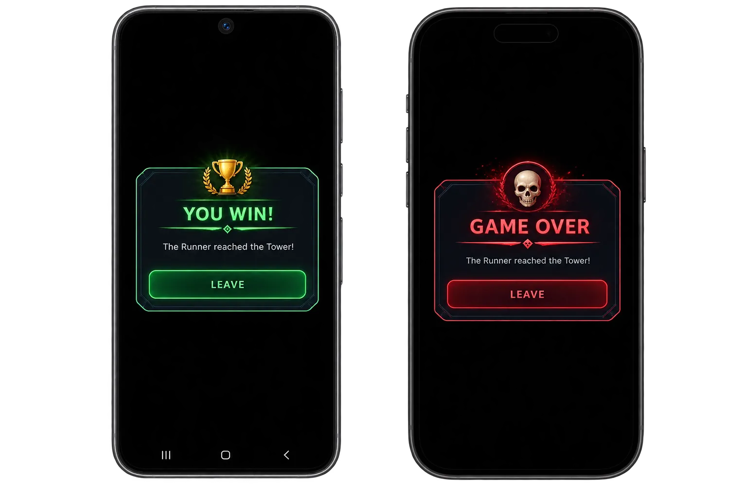 Flag Raiders game over screens for winner and loser