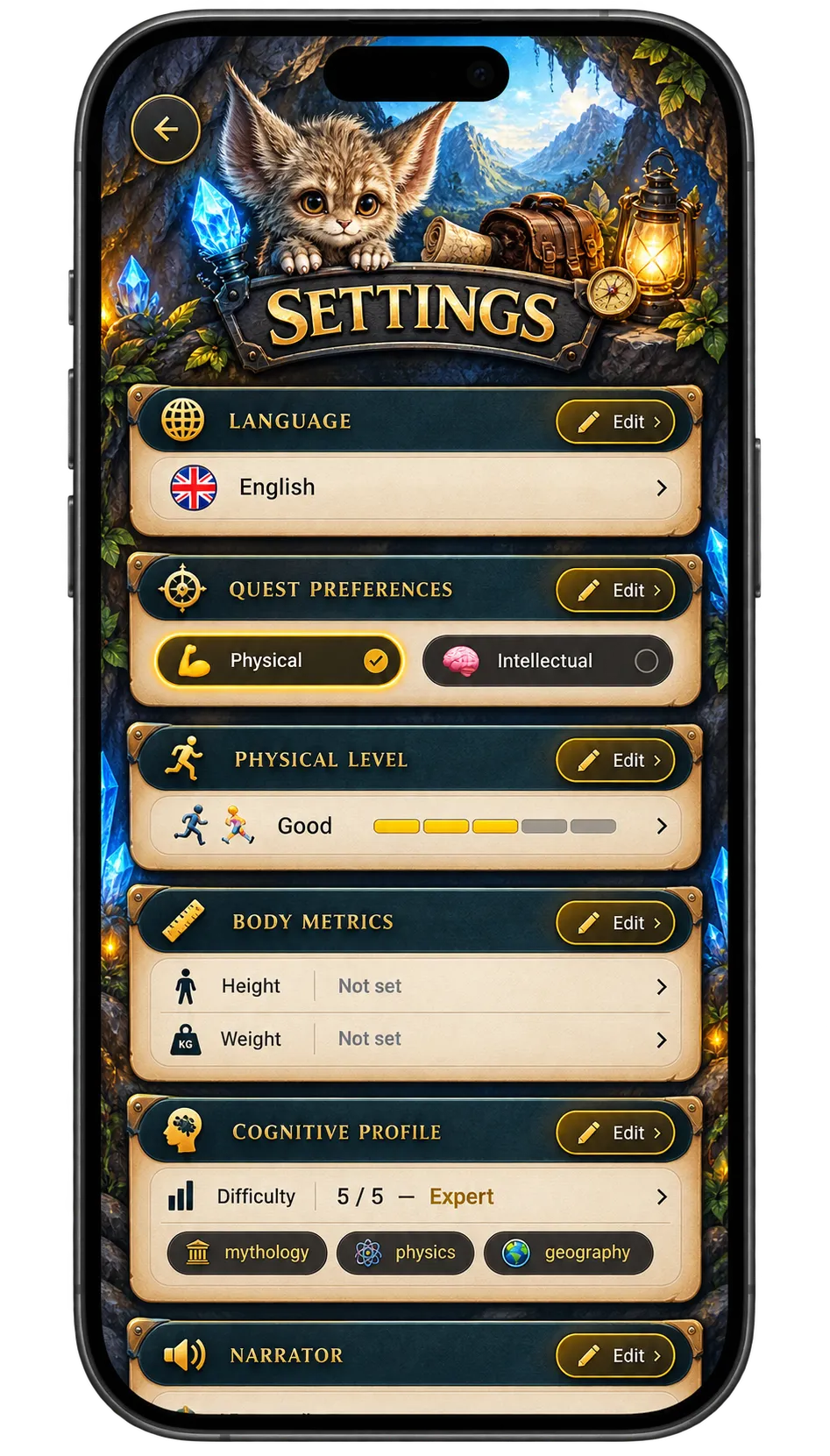 Settings screen sections